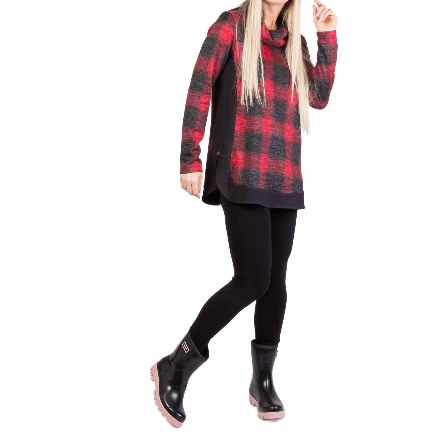 New Pure Essence Plaid Cowl Tunic In Red/Black